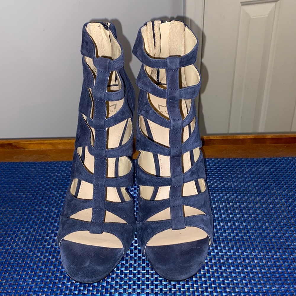 Marc Fisher Hindera, strappy blue suede booties, cutout, open toe, 4.5” heels